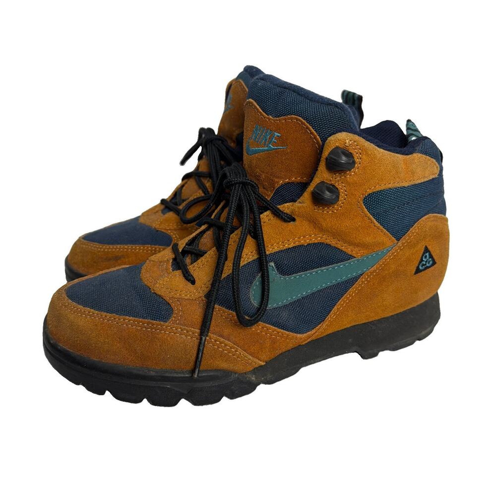Vintage 1995 Nike ACG Hiking Boots Brown Navy Blue Suede 950204-IA Mens 7.5